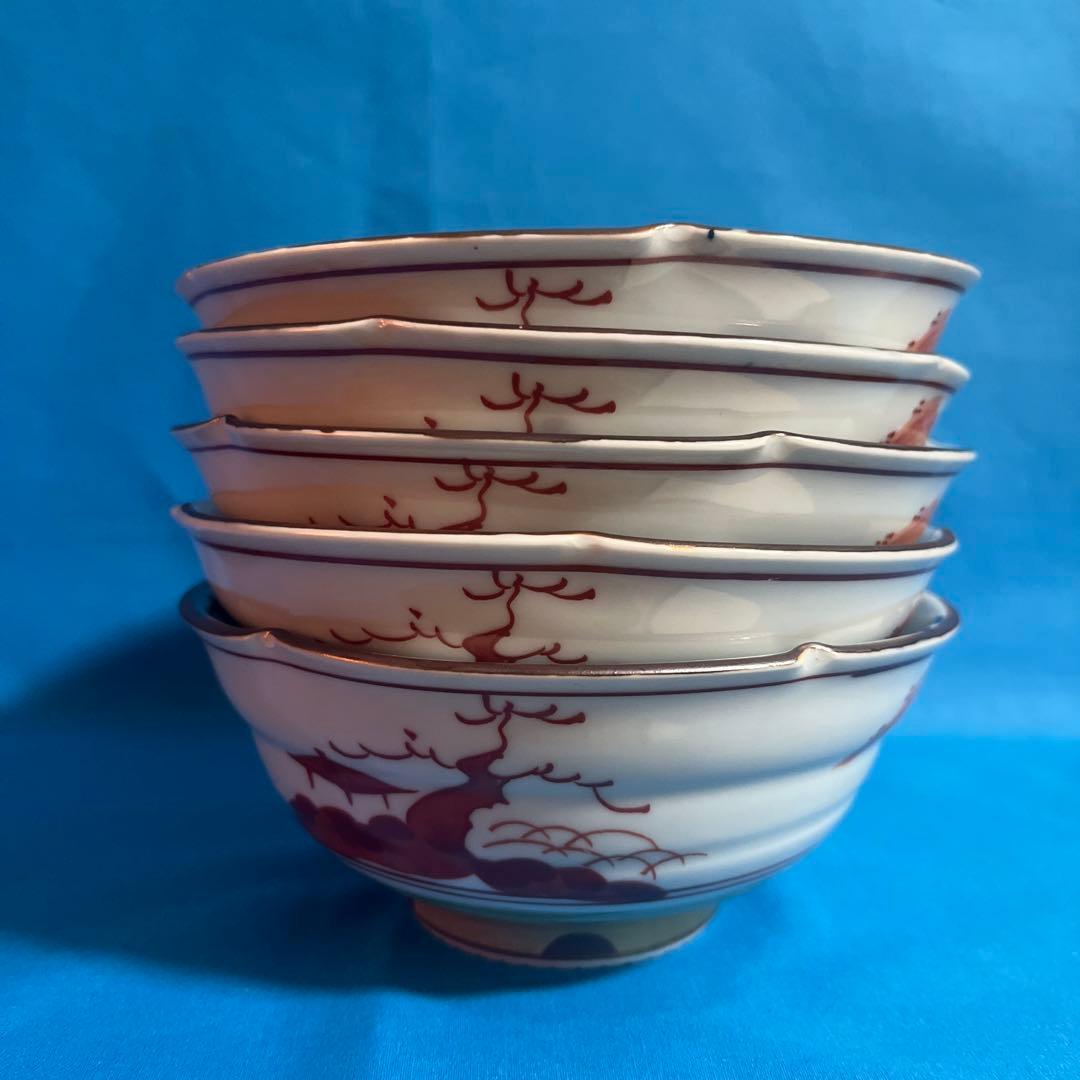 波佐見焼　林九郎窯　染付山水　赤絵　中鉢揃　5枚セット　煮物鉢　輪花鉢　丼ぶり