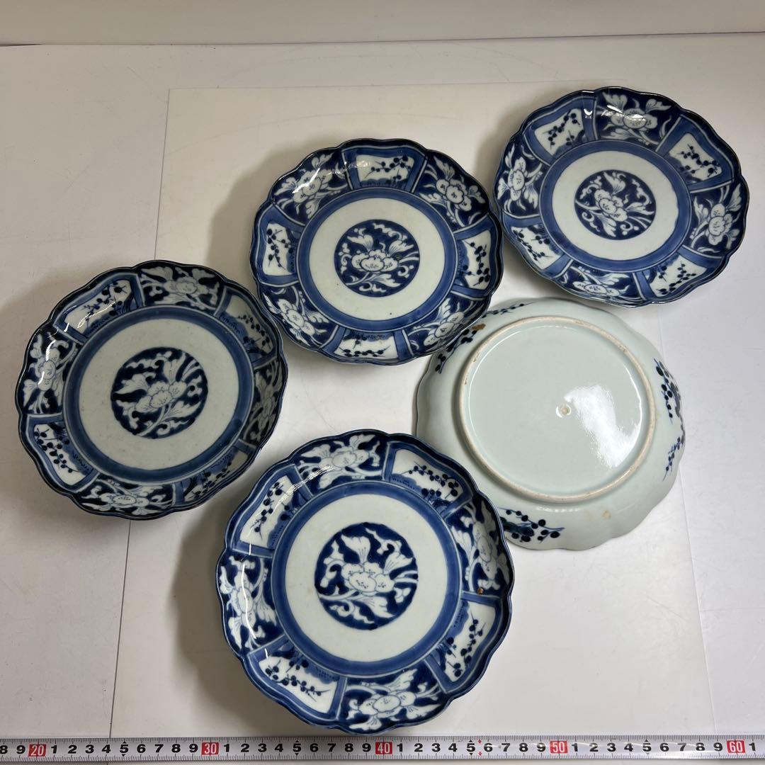 古伊万里　染付輪花皿5枚　幅約17.5㎝　東Y8-0323②