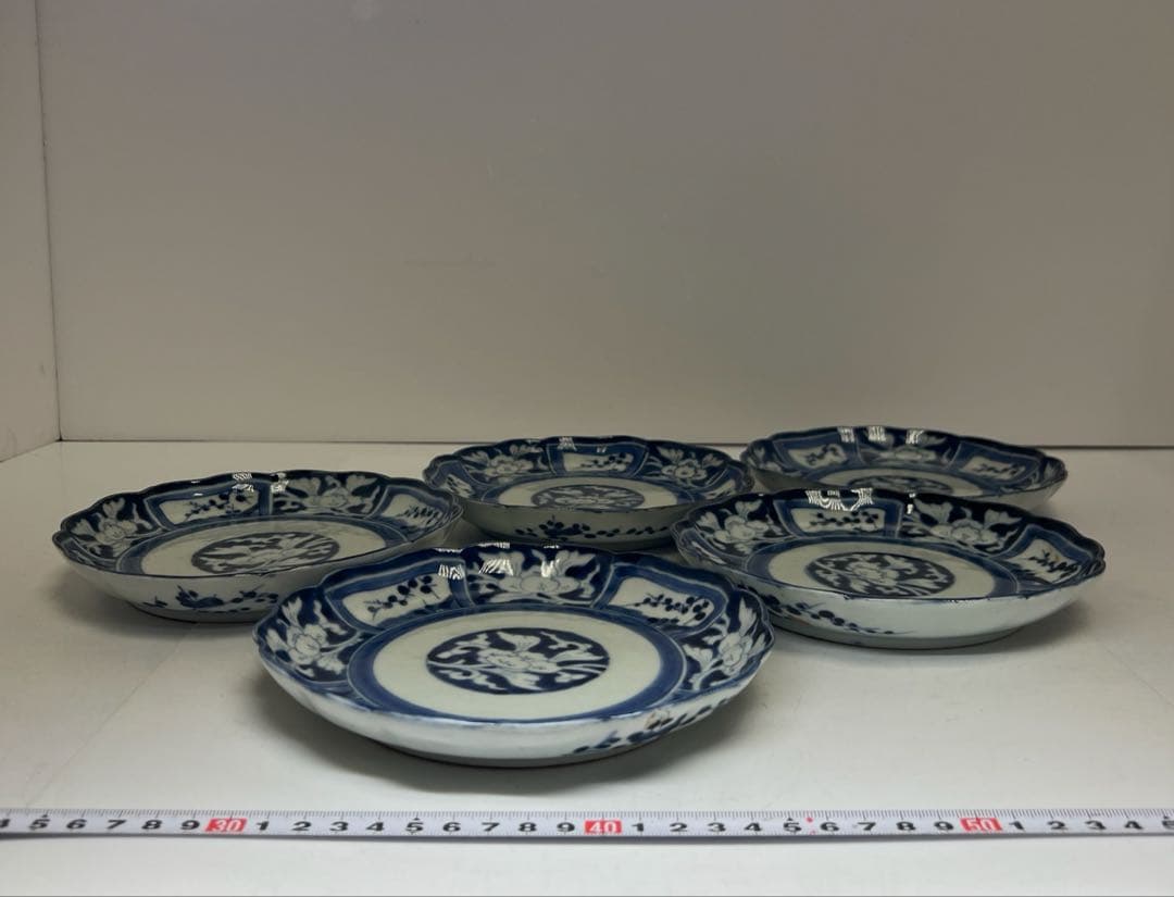 古伊万里　染付輪花皿5枚　幅約17.5㎝　東Y8-0323②