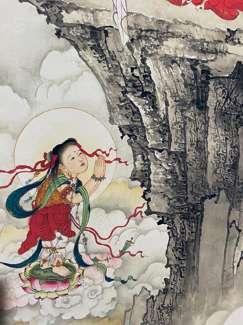 张大千 童子拜观音 中国画 掛け軸 水墨画 和室 玄関 茶室 壁掛け 美術品