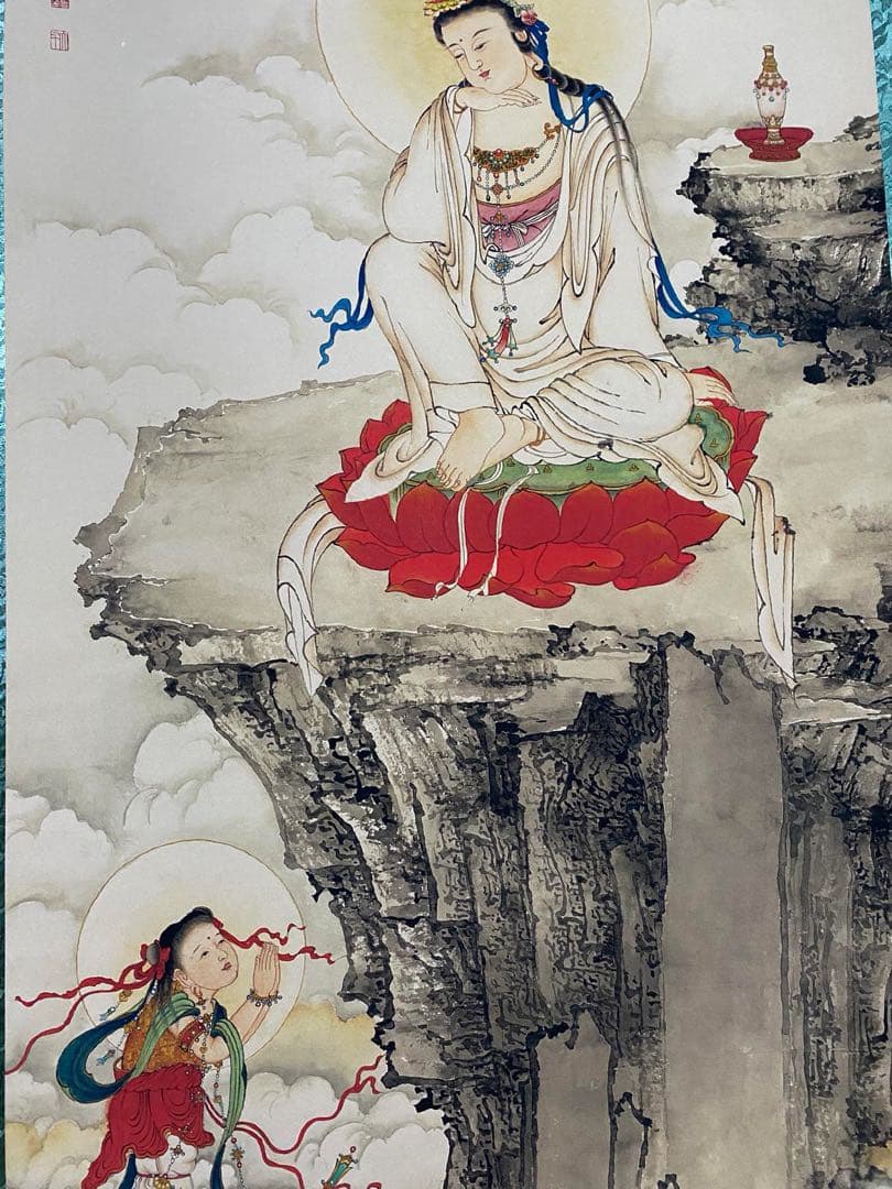 张大千 童子拜观音 中国画 掛け軸 水墨画 和室 玄関 茶室 壁掛け 美術品