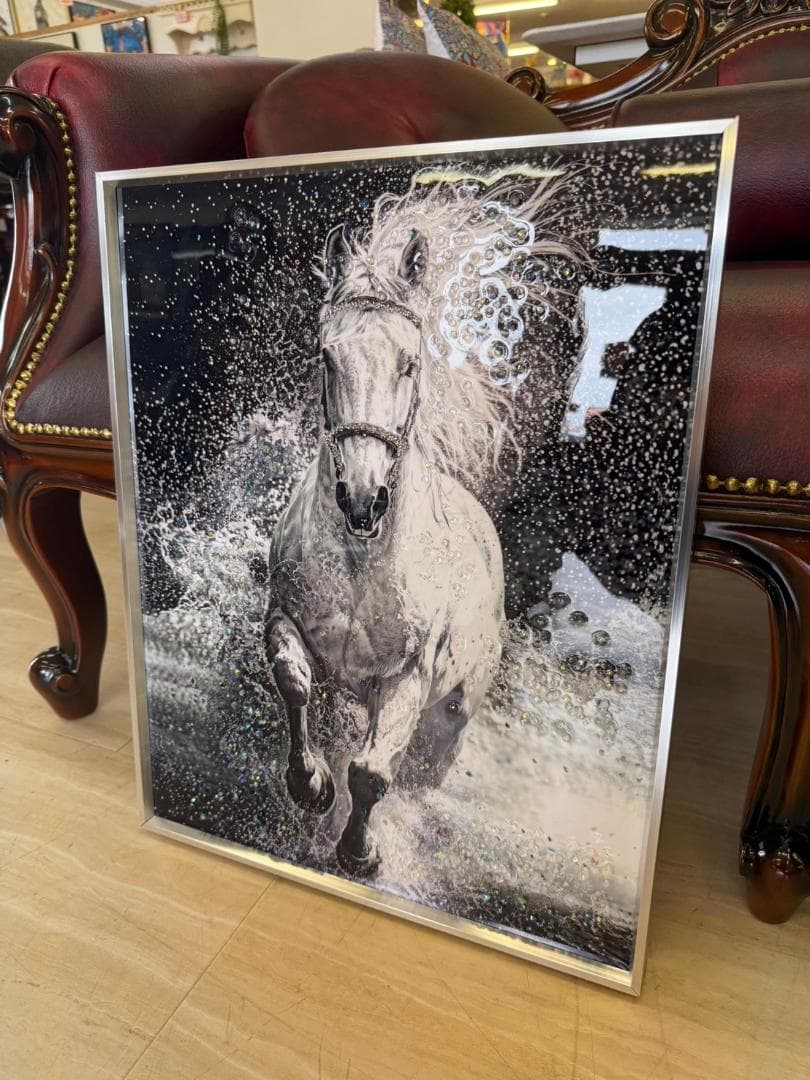 アートパネル　馬　モノクロ　水晶絵　白馬　絵　額縁　壁掛け　アート　額絵　ウマ