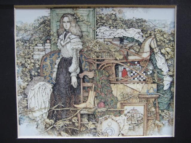石阪春生、【青い扉と古い木馬】、希少な画集画、新品高級額 額装付