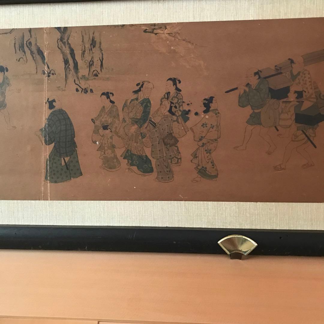 値引き昭和ビンテージ　額入日本画　水墨画？何時代の事をかいてある？縦25横85㎝