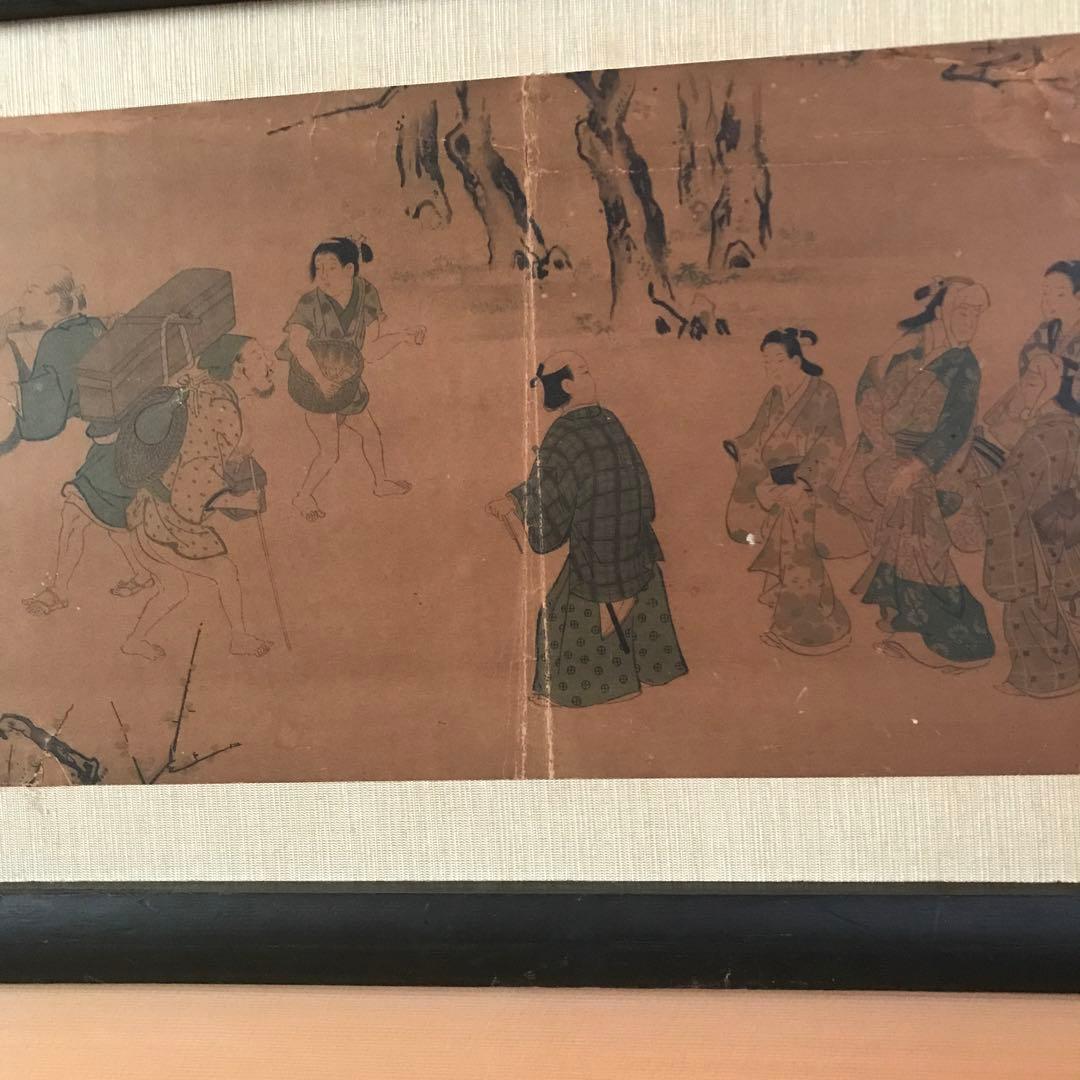 値引き昭和ビンテージ　額入日本画　水墨画？何時代の事をかいてある？縦25横85㎝