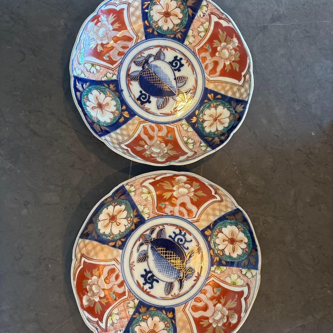 【美品】古伊万里 色絵 桃手 飛蝗亀文 輪花皿 径約22cm 金彩 骨董 江戸