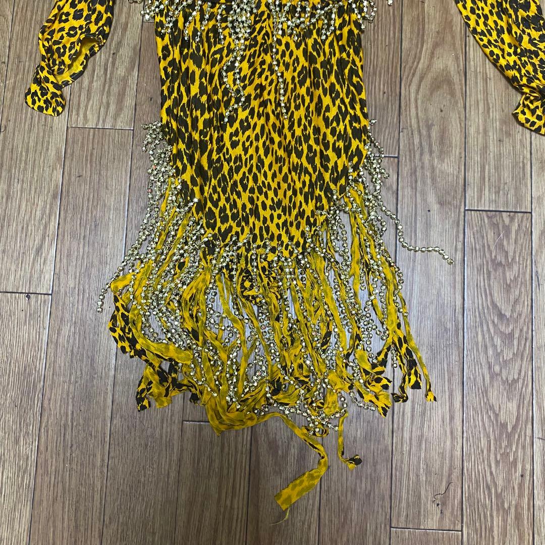 お得 ヒョウ柄ダンス衣装 ビーズフリンジ付き ハンドメイド