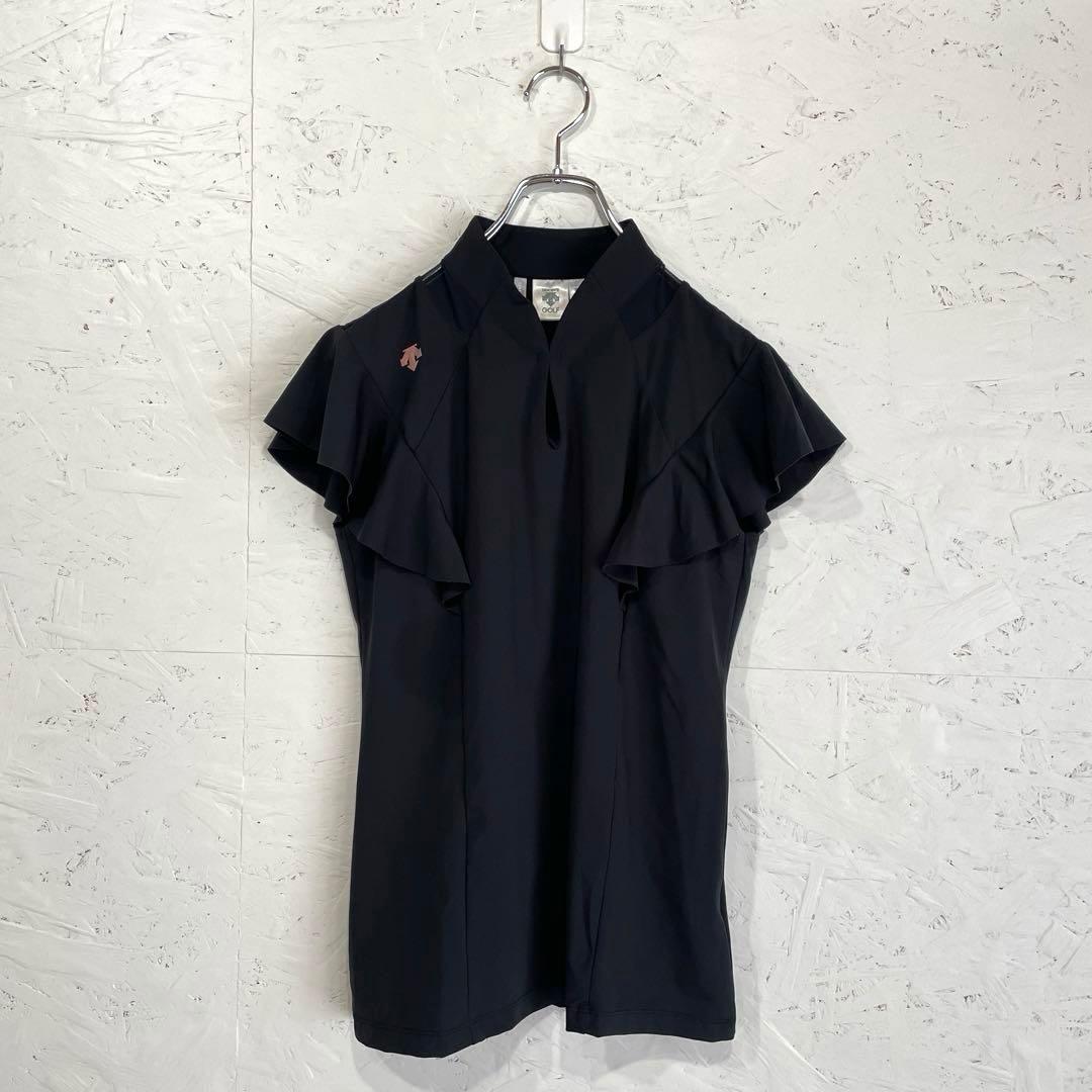 ゴルフウェア　日本製【DESCENTE】ラッフルスリーブシャツ　黒　L