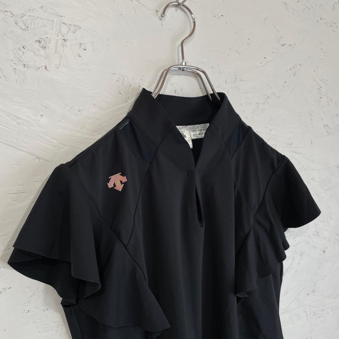 ゴルフウェア　日本製【DESCENTE】ラッフルスリーブシャツ　黒　L