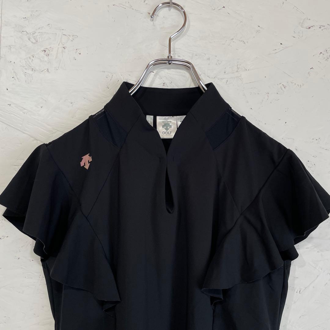 ゴルフウェア　日本製【DESCENTE】ラッフルスリーブシャツ　黒　L