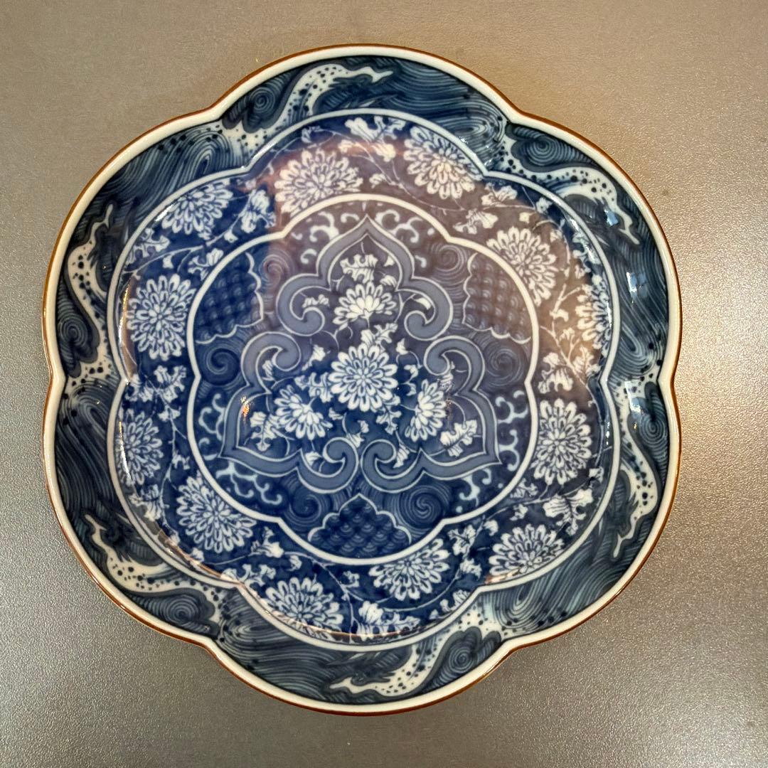 【希少品】庫山窯 前畑陶器 流水文様 輪花形 菊文様 花びら形 小皿 5枚