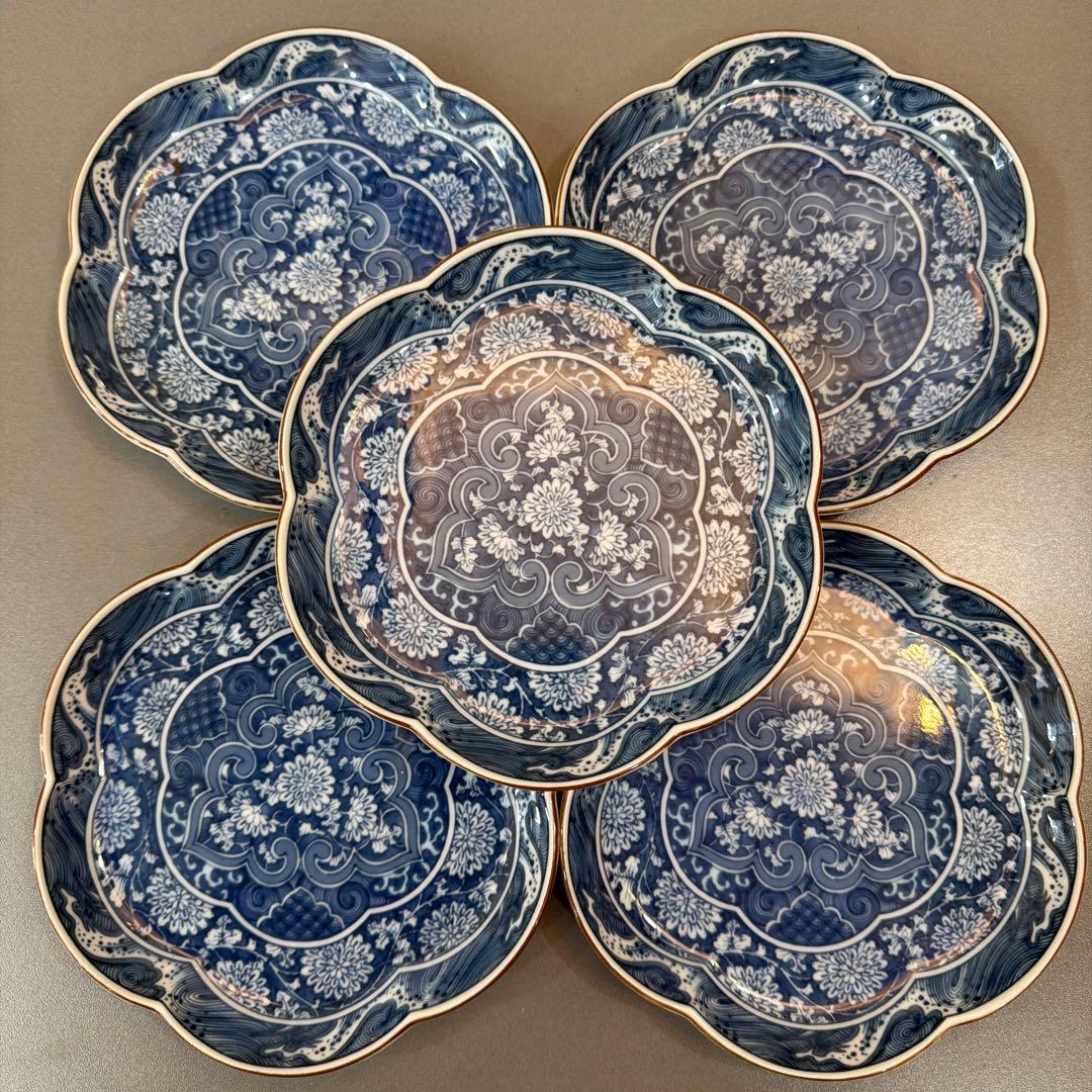 【希少品】庫山窯 前畑陶器 流水文様 輪花形 菊文様 花びら形 小皿 5枚