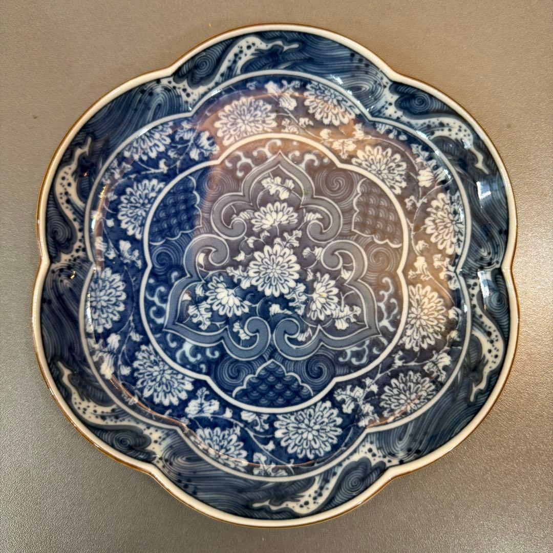 【希少品】庫山窯 前畑陶器 流水文様 輪花形 菊文様 花びら形 小皿 5枚