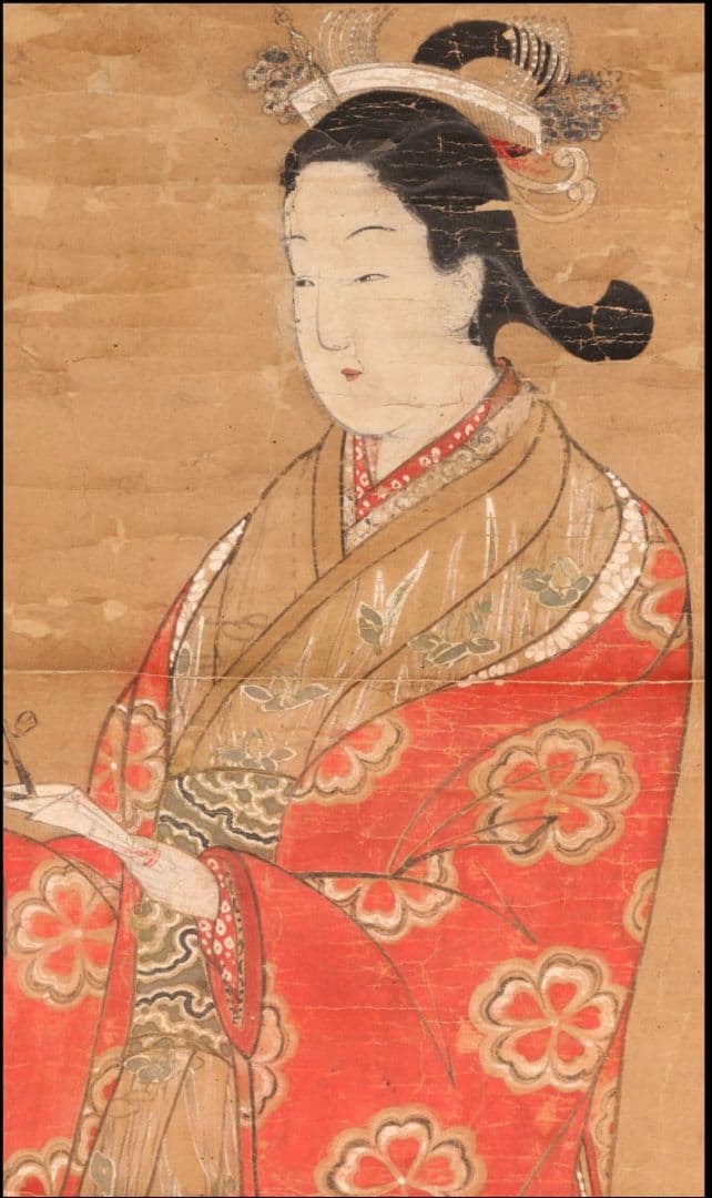 浮世絵 「花枝美人図」 肉筆 絹本彩色 錦裱 印あり 江戸時代 掛軸