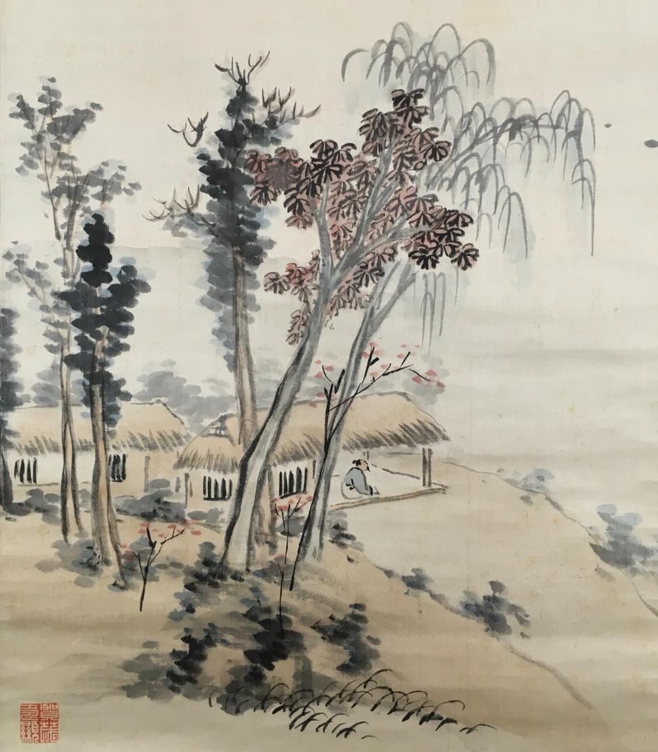 大迫力！[中西耕石・淡彩山水図・絖本・箱書(雲仙)]／福岡／田能村直入門下