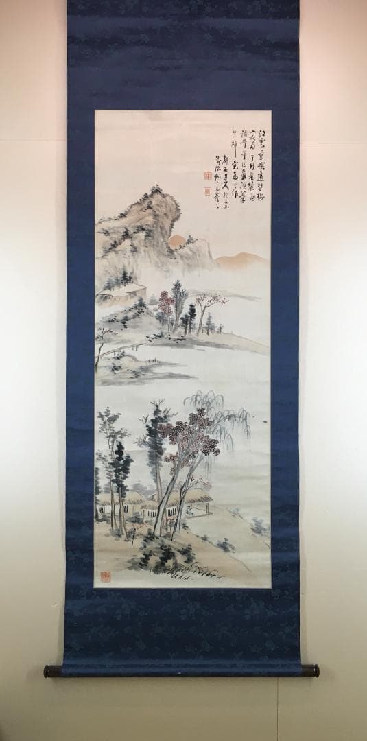 大迫力！[中西耕石・淡彩山水図・絖本・箱書(雲仙)]／福岡／田能村直入門下