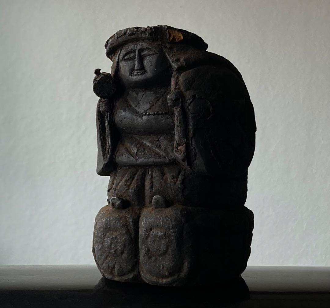 【古格の傑作 大黒天 木彫 約14㎝ 江戸中期頃】民間信仰郷土玩具持念仏仏像古物