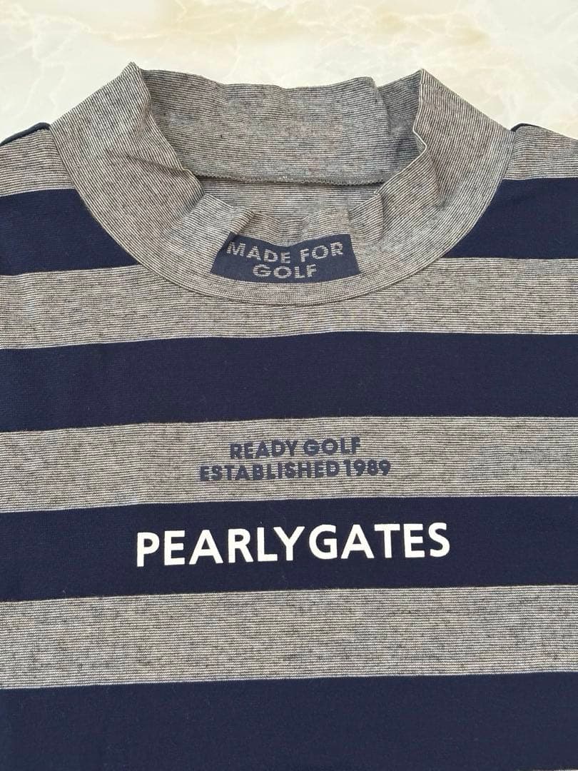 PEARLY GATES 半袖モックネック4 ボーダー　ダークグレー×ネイビー