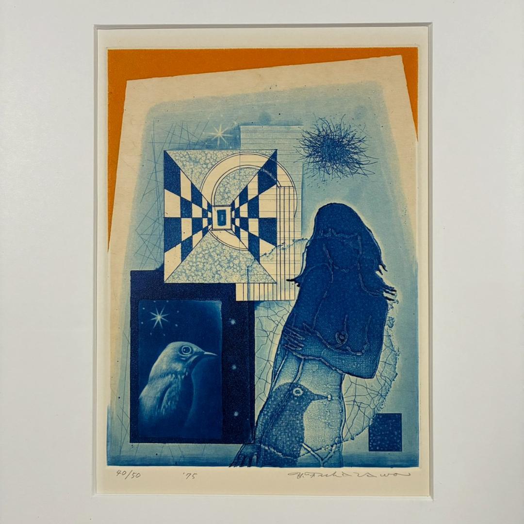 美品 深沢幸雄「女性と鳥」銅版画 彩色 1975年作 直筆サイン入り 額縁入り