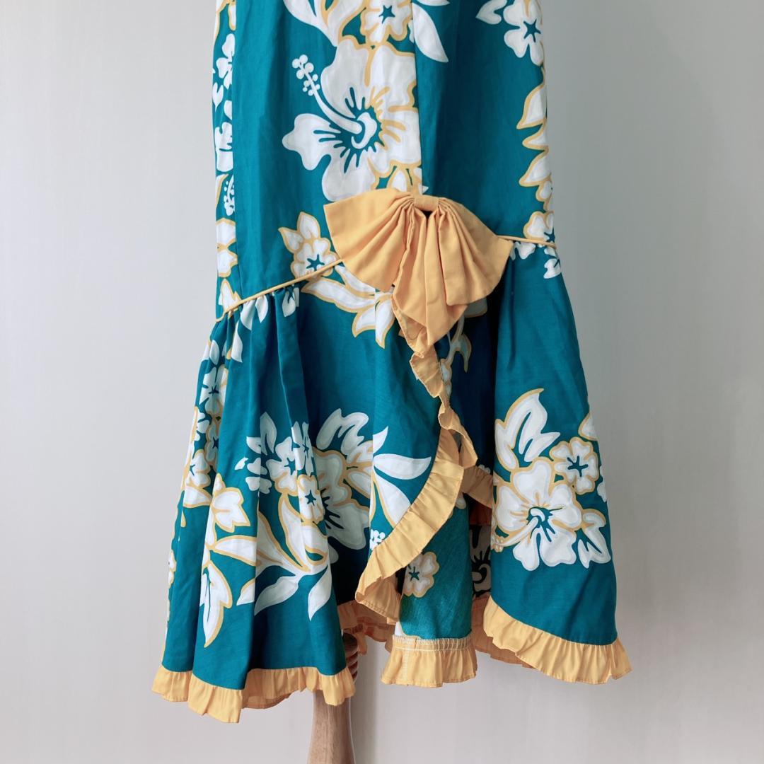 【美品】　メネフネプランテーション　フラダンス衣装ワンピースグリーン×イエロー
