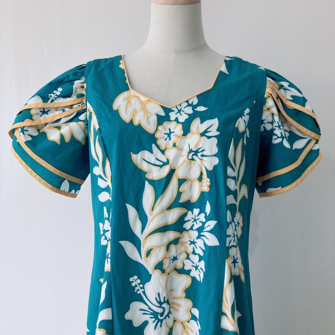 【美品】　メネフネプランテーション　フラダンス衣装ワンピースグリーン×イエロー