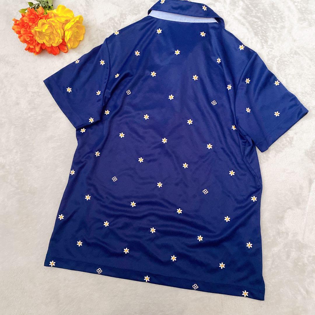 【美品】マリクレールスポール デイジー総柄ポロシャツ L ネイビー 刺繍