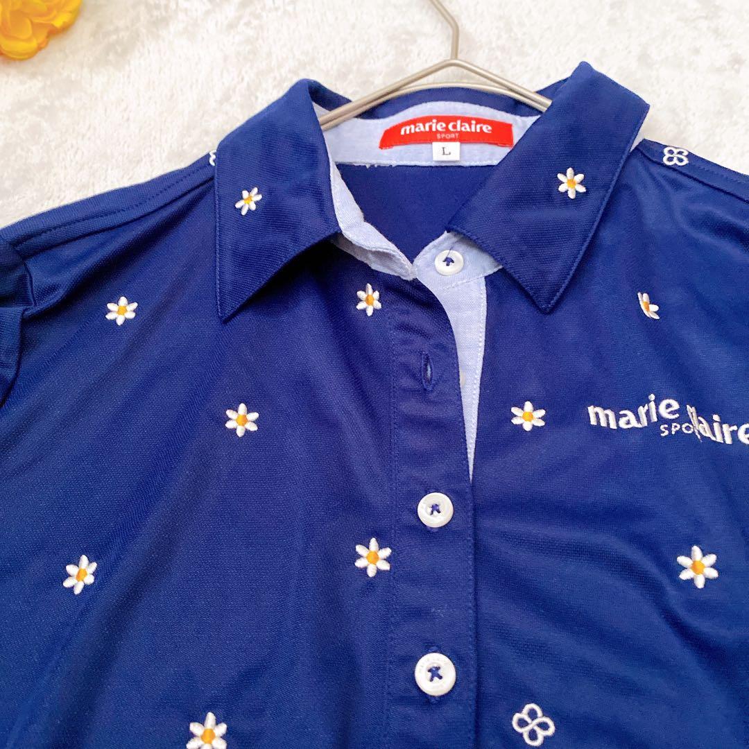 【美品】マリクレールスポール デイジー総柄ポロシャツ L ネイビー 刺繍