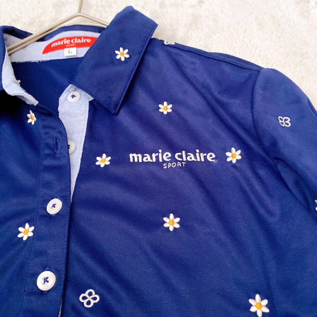 【美品】マリクレールスポール デイジー総柄ポロシャツ L ネイビー 刺繍