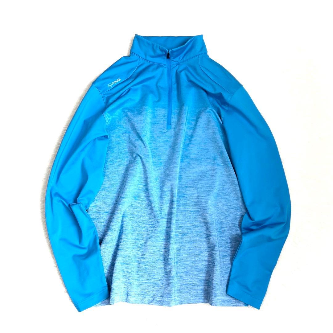 【PING】 メンズ ハーフジップ ロングスリーブシャツ スカイブルー L