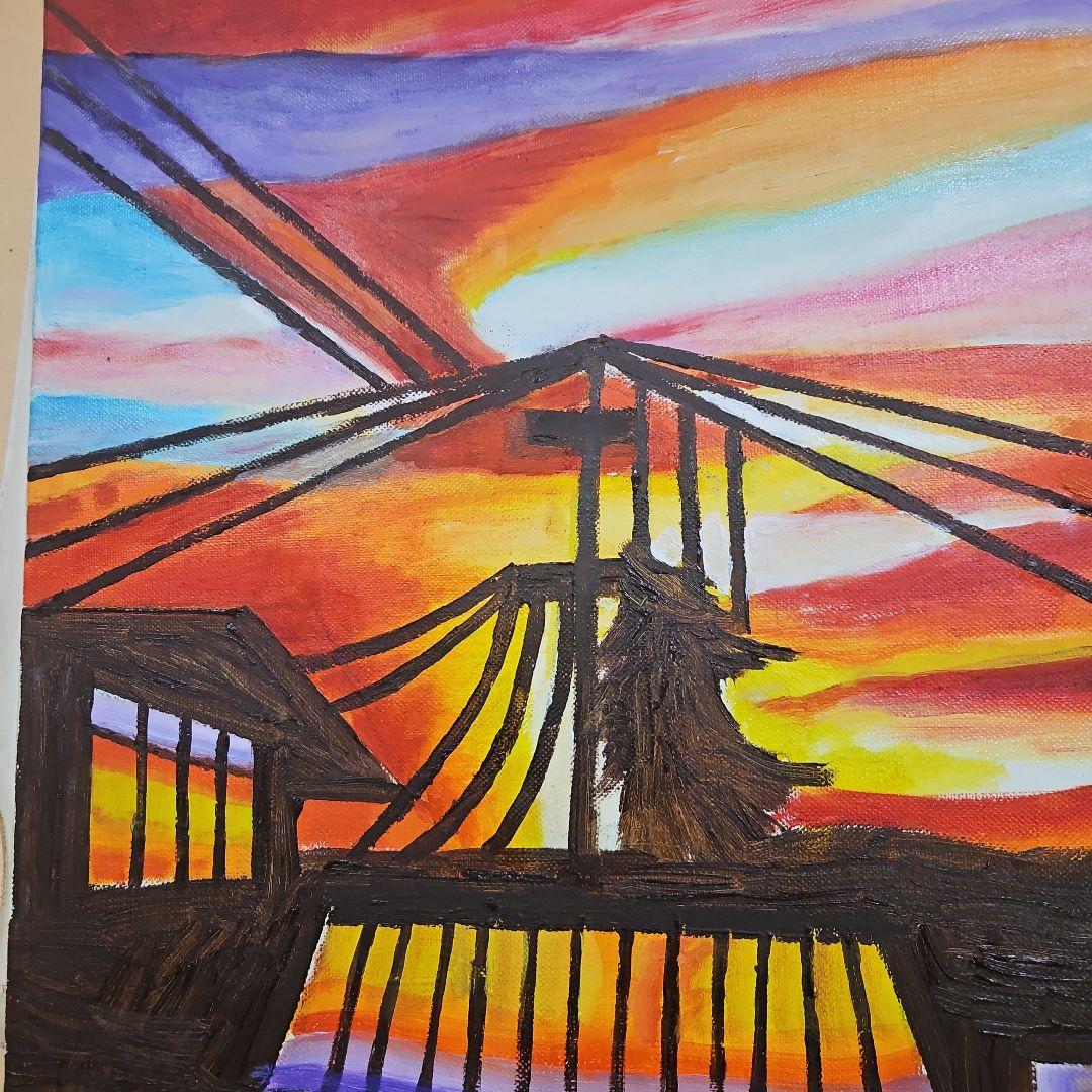 空の風景画油絵　朝焼け