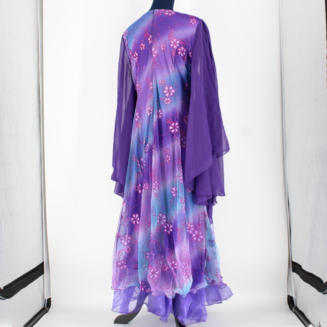 【美品 社交ダンス衣装】ワンピース ドレス un×Ⅱ 紫 ラベンダー 花柄 ラメ
