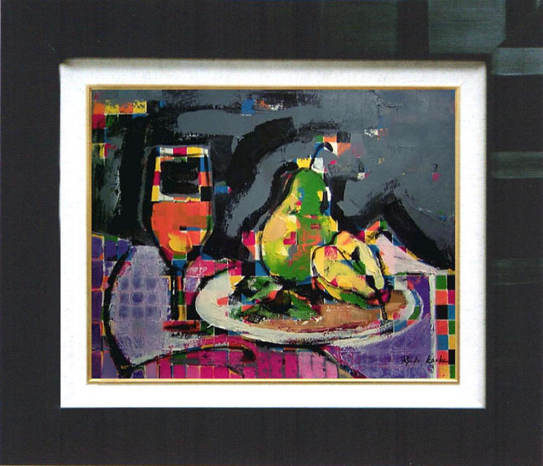油絵 菅家令子 絵 絵画インテリア額付(青緑＋金色の枠)uF6-062204果物