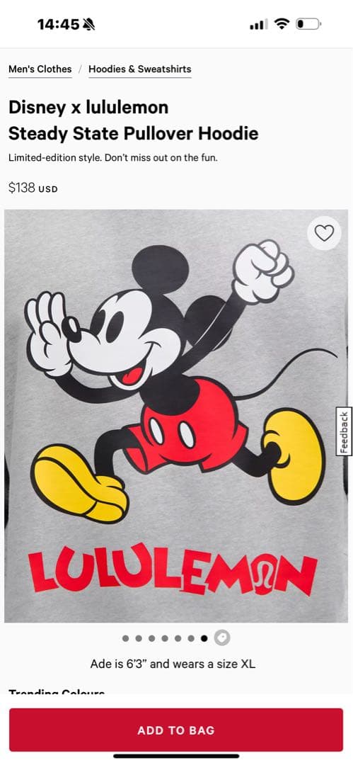 限定コラボ Disney x lululemon ディズニーミッキーHoodie