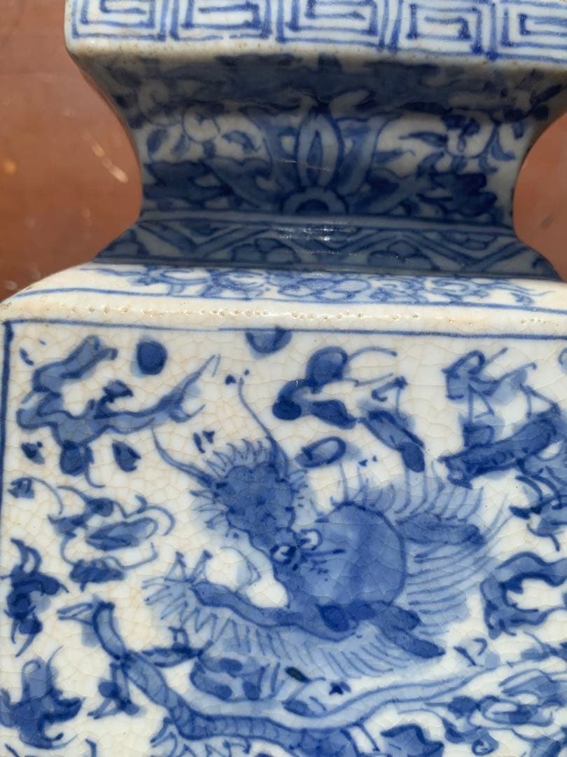 中国清時代染付龍紋象耳付四方壺