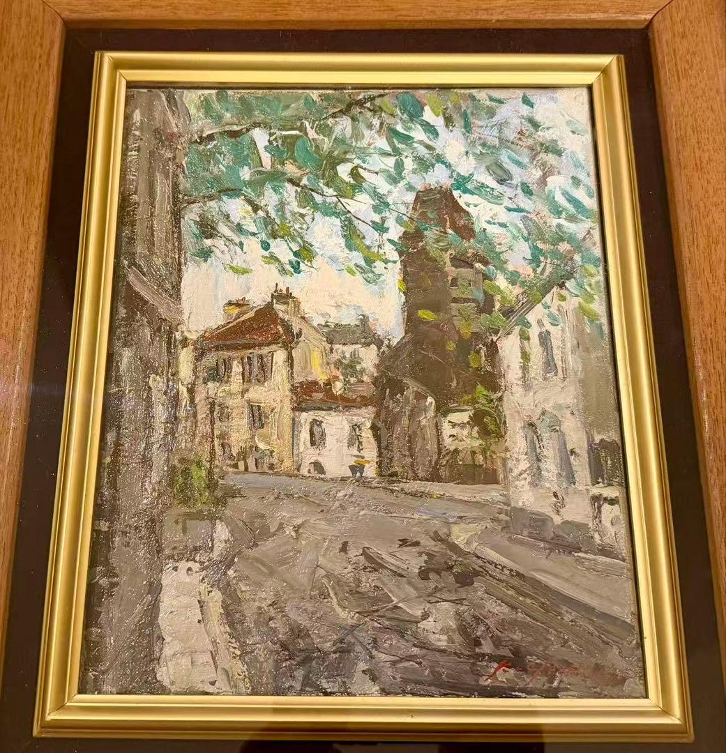 吉岡和紀 油彩風 風景画 ヨーロッパ街並み 額装 絵画 インテリア #105-1