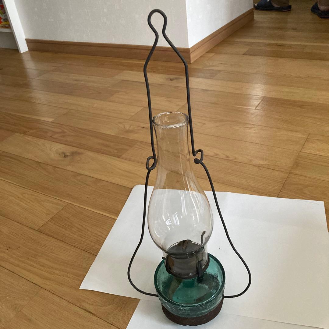 オイルランプ 透明ガラス 緑硝子ベース 高さ　持ち手含めて約４５cm