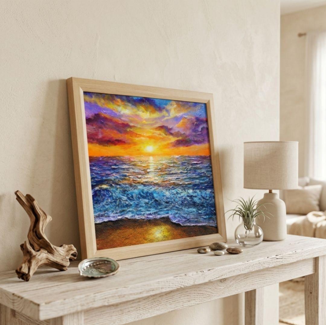 油絵 油彩 油彩画 絵 絵画 【水平線に沈む夕日】