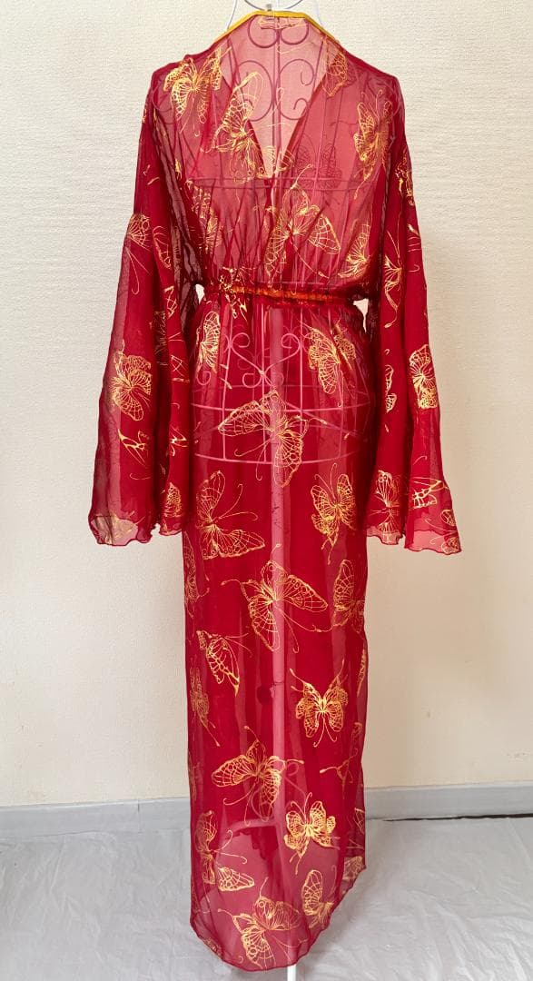 【新品】ベリーダンス用 前開き とろみガラベーヤ★蝶柄 レッド（赤）
