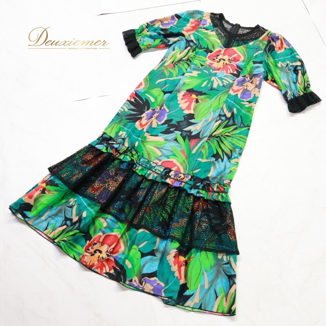 【美品 日本製 フラダンス衣装】グリーン NIKOH ワンピース ドレス 緑 黒