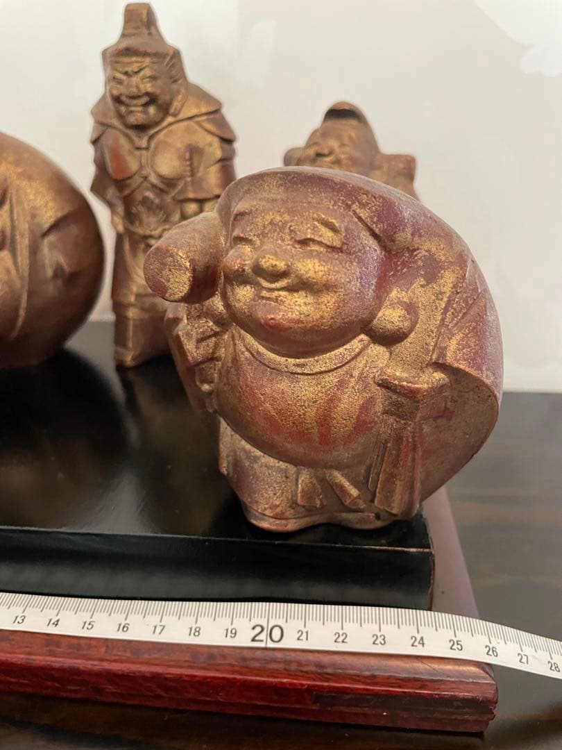 美品　鉄製 高級　七福神 置物 ゴールド　黒台座付き　黒色漆塗り板2枚付き