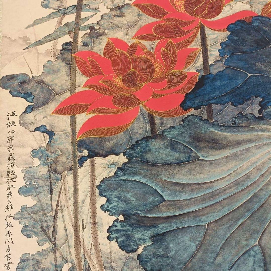 張大千 金銭荷花図 三尺中堂掛け軸 中国掛軸 花鳥画 証書付き インテリア