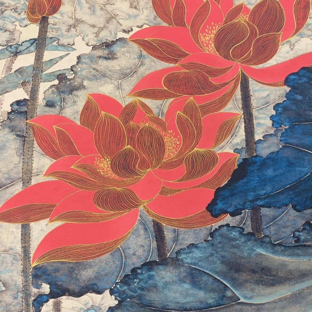 張大千 金銭荷花図 三尺中堂掛け軸 中国掛軸 花鳥画 証書付き インテリア