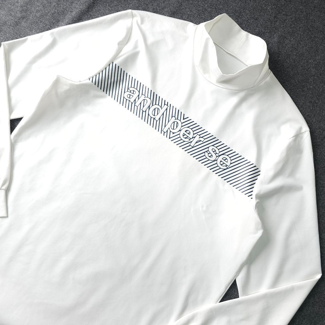 美品 アンパスィ 春 長袖モックネックシャツ 立体ロゴ ストレッチ L 白