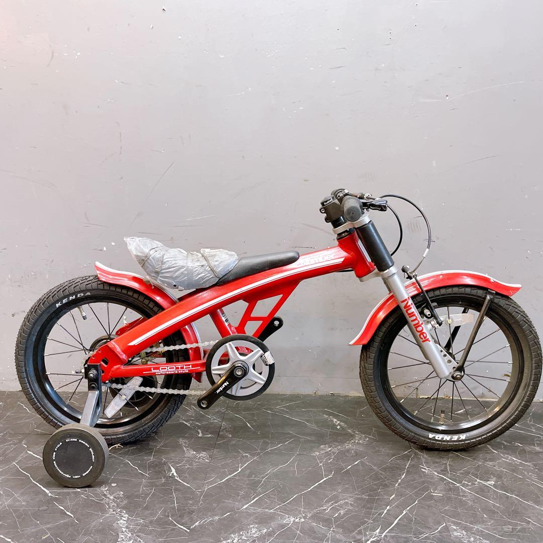 【919】アウトレット バイク風 子供車 Number レッド 補助輪付き