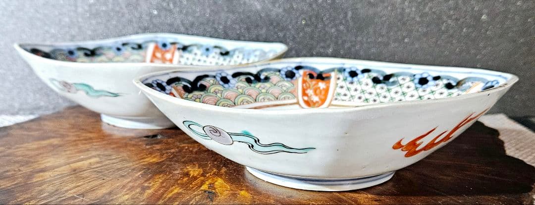 【上作品❗】江戸時代末期～明治時代初期　古伊万里　錦手　菊花に波文様　菱形皿2客