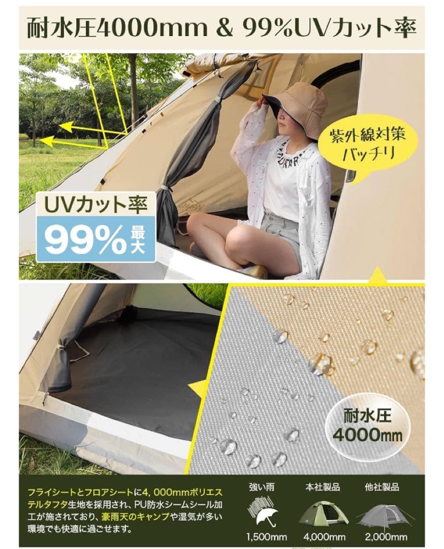 テント 1-4人用 テント ファミリー 4000mm耐水圧　前室 ソロキャンプ