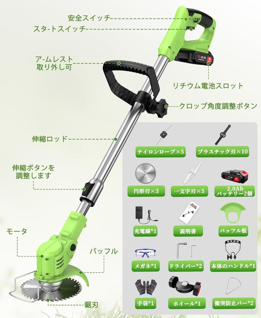 草刈り機 充電式 650W純銅モーター搭載 最大出力1880W大容量