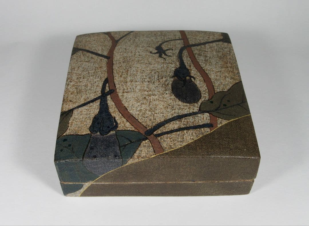 希少！上位作！【伊藤東彦】布目茄子文陶箱（共箱、共布、栞コピー）。本物保証！。