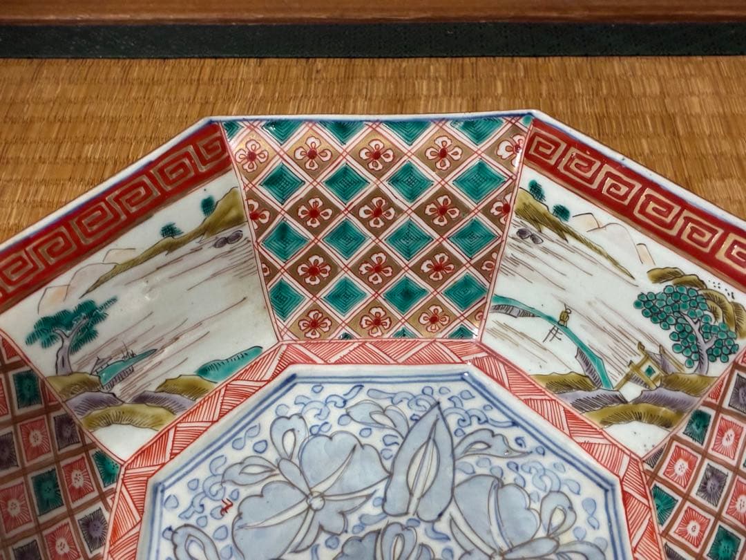 古伊万里 色絵 金彩 風景紋 八角鉢 盛鉢 時代物
