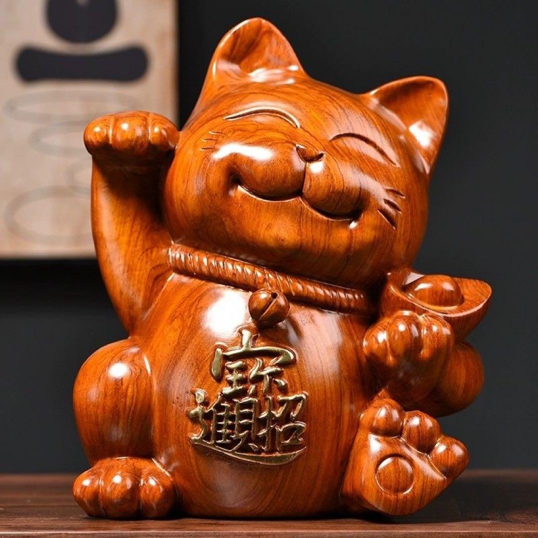 木製 招き猫 大きめ 茶色